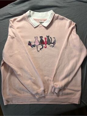 Adrian Delafield Pink Polo-Collar Sweatshirt with Embroidered Cats Grannycore